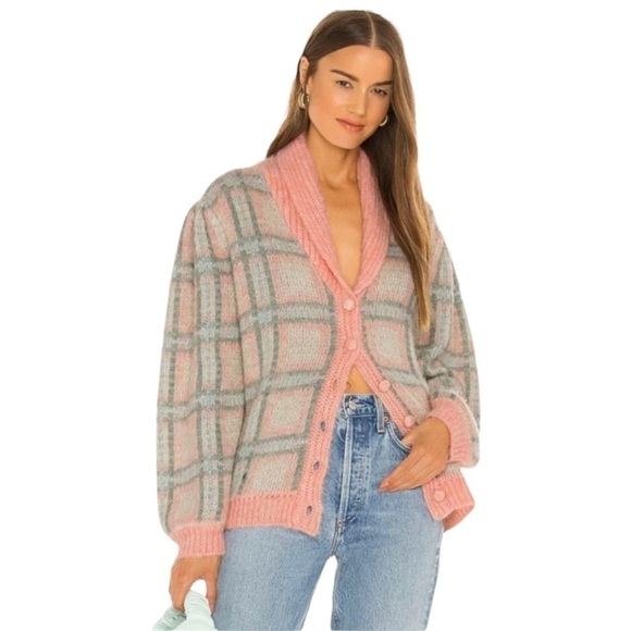 LoveShackFancy Jeeves‎ Magnolia Pink Plaid Wool and Mohair Long Sleeve Cardigan - Picture 2 of 13